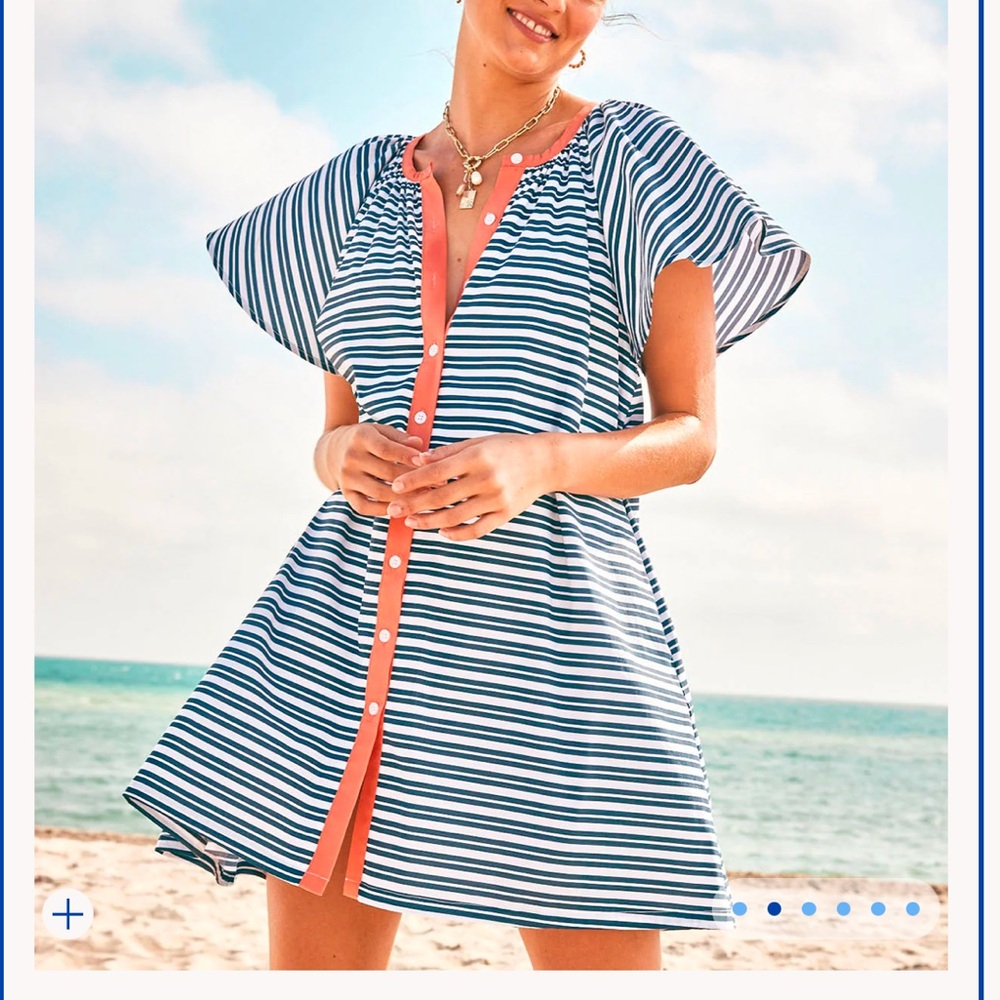 Addison Bay Navy and White Striped Button-Front Beach Dress with Coral Trim